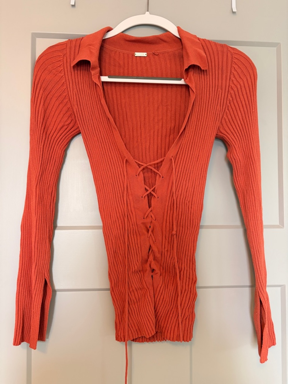 cult gaia Ribbed Lace-Up Collared Long Sleeve Top - Orange